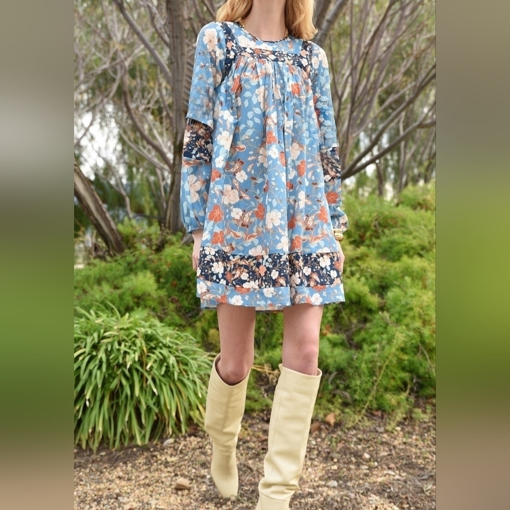 Greylin Helena Floral Shift Dress Boho Prairie Long Sleeve Relaxed Mini, Size S